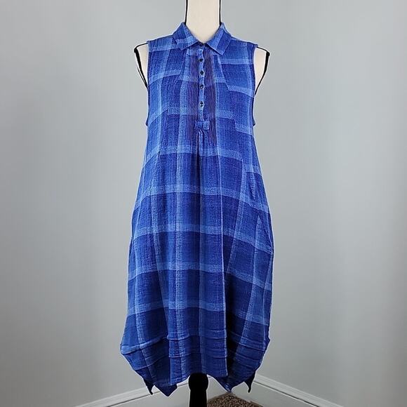 Anthropologie Isabella Sinclair Blue Plaid Linen Blend Sleeveless Shirt Dress M - Picture 1 of 14